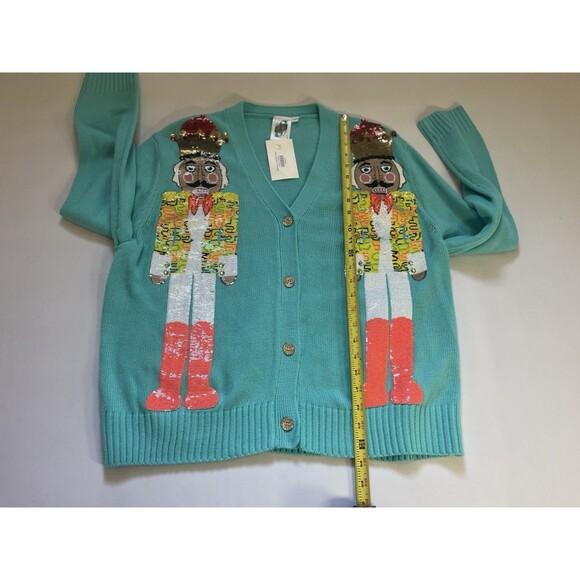 Queen of Sparkles Nutcracker Sequin Cardigan Sweater Teal Button Front – Medium - Picture 9 of 13